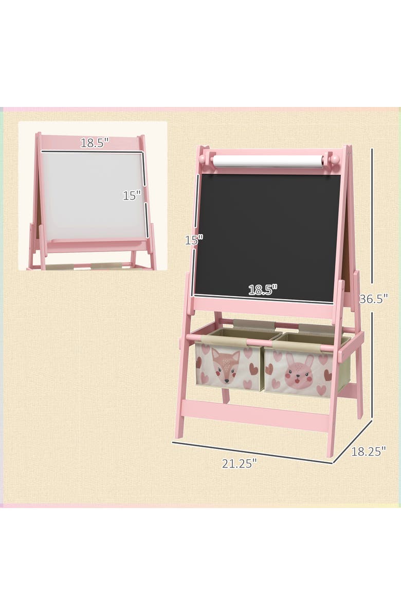 Qaba Kids 3-in-1 Art Easel with Paper Roll, Blackboard, Whiteboard, Storage Baskets, Alternate, color, Pink
