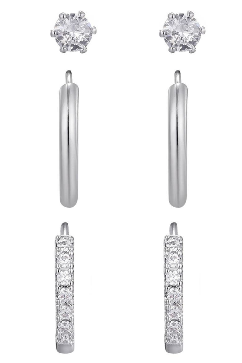 Set of 3 Cubic Zirconia Stud & Hoop Earrings, Alternate, color, SILVER