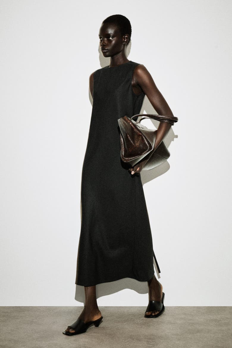 Bias Cut Linen Blend Midi Dress, Alternate, color, BLACK