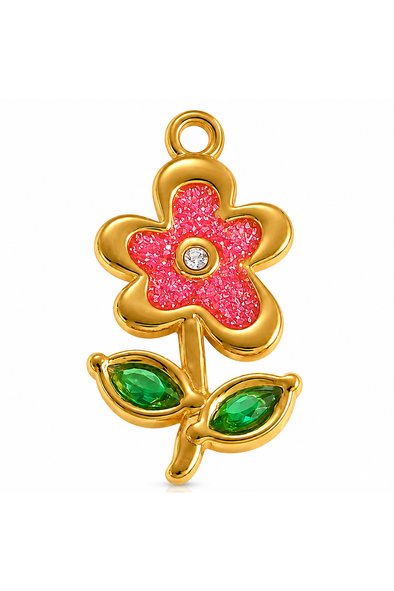 18K Yellow Gold Plated Pink Flower Charm, Alternate, color, Pink/Green/Gold