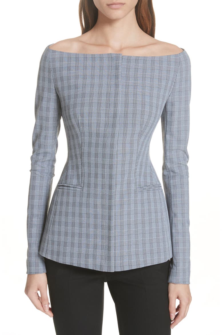 McClair Plaid Off the Shoulder Jacket, Main, color, BLACK/ WHITE