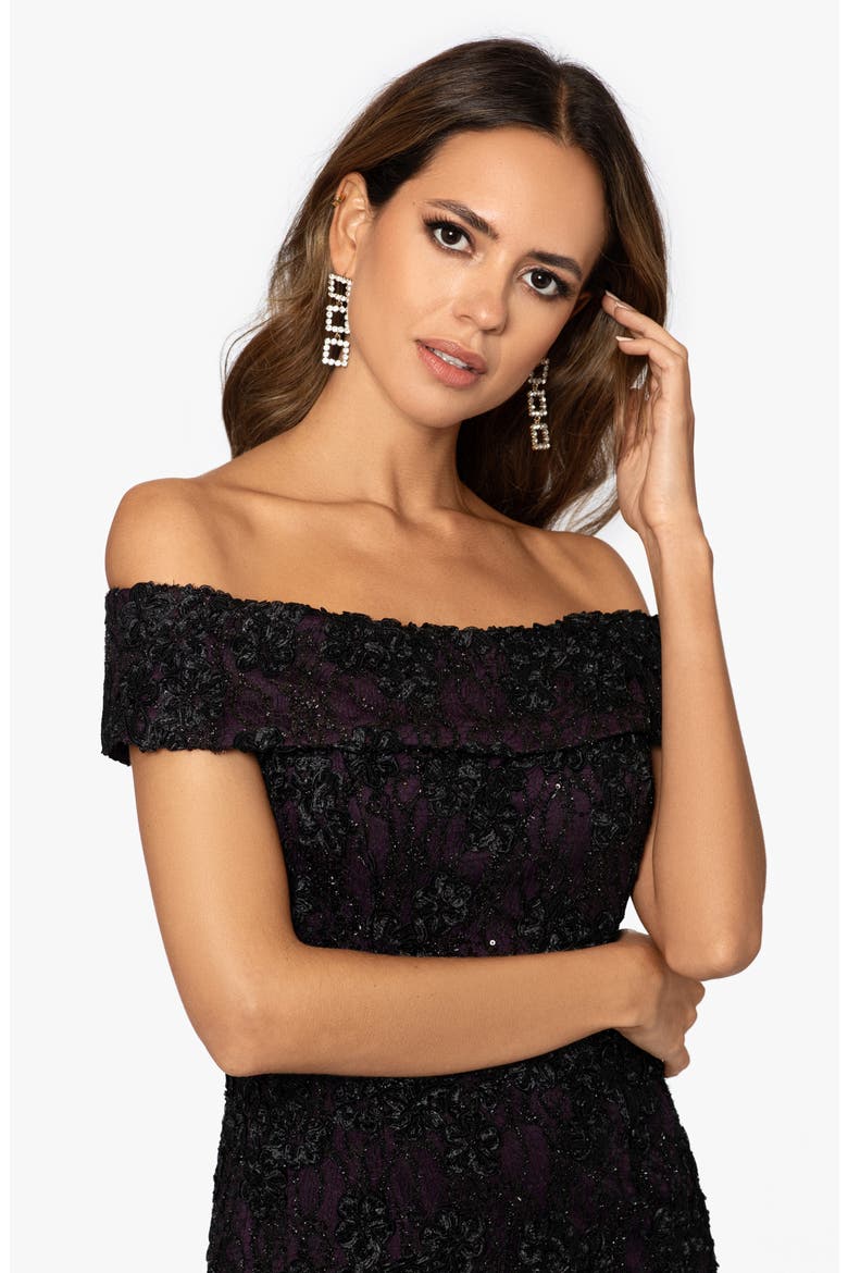 Off the Shoulder Sequin Lace Trumpet Gown, Alternate, color, BLACK/ PLUM