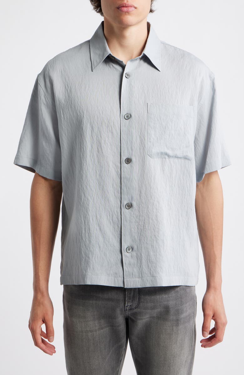 FRAME Textured Stripe Short Sleeve Button-Up Shirt, Main, color, Blue Grey Stripe