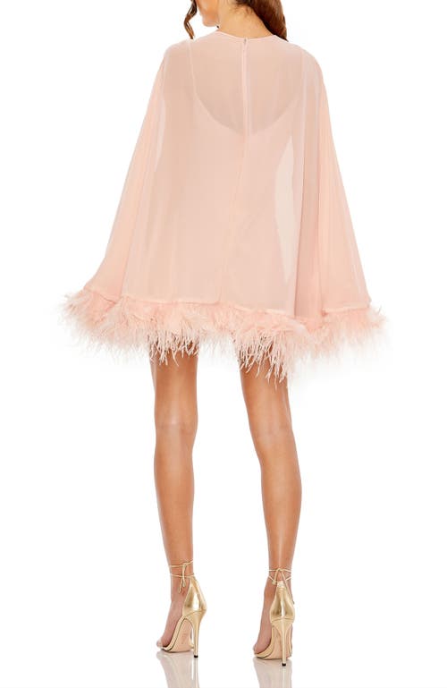 Mac Duggal Long Sleeve Feather Trim Trapeze Minidress In Porcelain