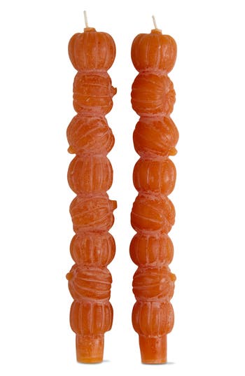 Tag Set Of 2 Rustic Pumpkin Taper Candles In Orange