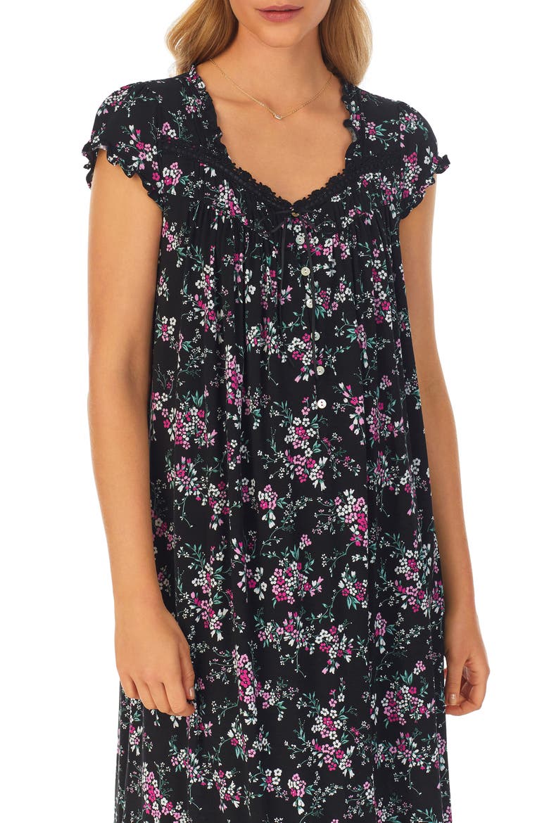 Floral Cap Sleeve Waltz Jersey Nightgown, Alternate, color, BLACK GRADE FLORAL