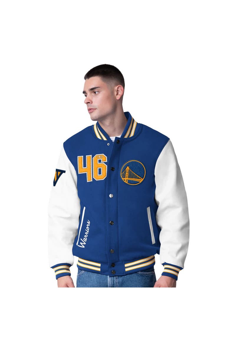 Men's G-III Sports by Carl Banks  Royal Golden State Warriors Moneyball Wool & Leather Full-Snap Varsity Jacket, Alternate, color, Royal