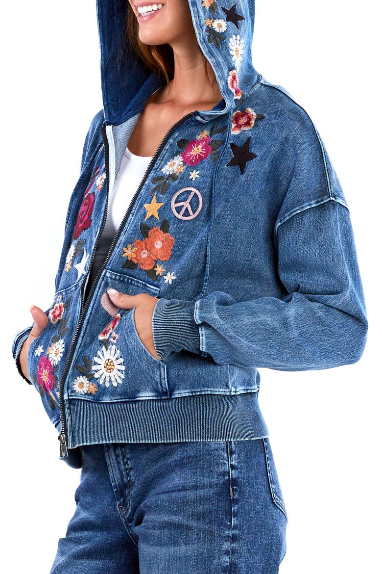Camp Peace Floral Embroidered Denim Hoodie, Alternate, color, DENIM