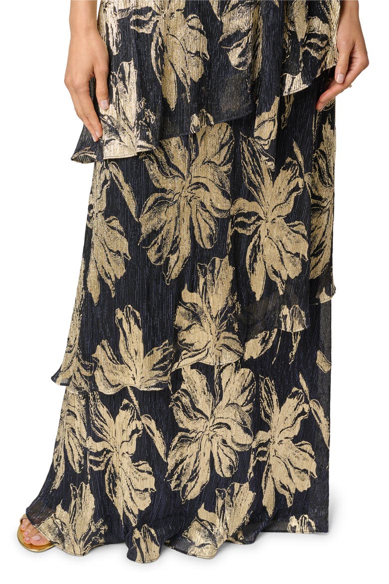 Floral Metallic Plissé Gown, Alternate, color, NAVY/ GOLD