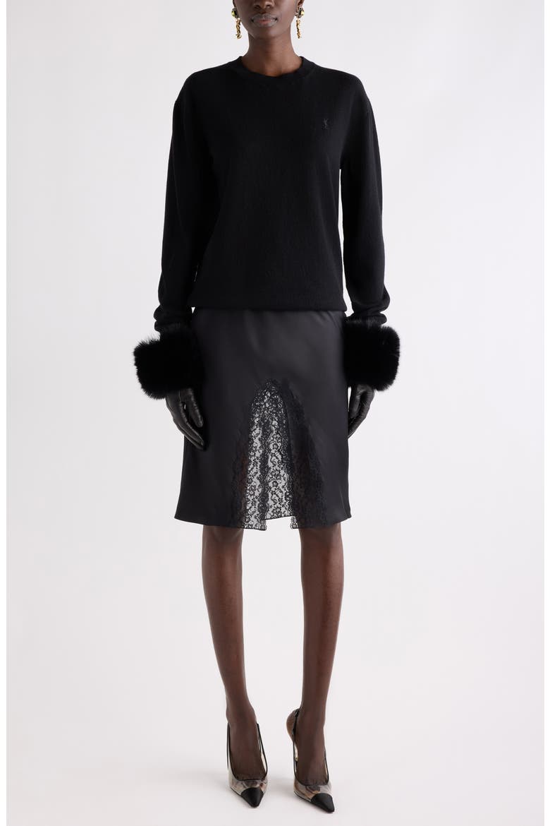 Lace & Double Face Silk Satin Split Skirt, Alternate, color, NOIR