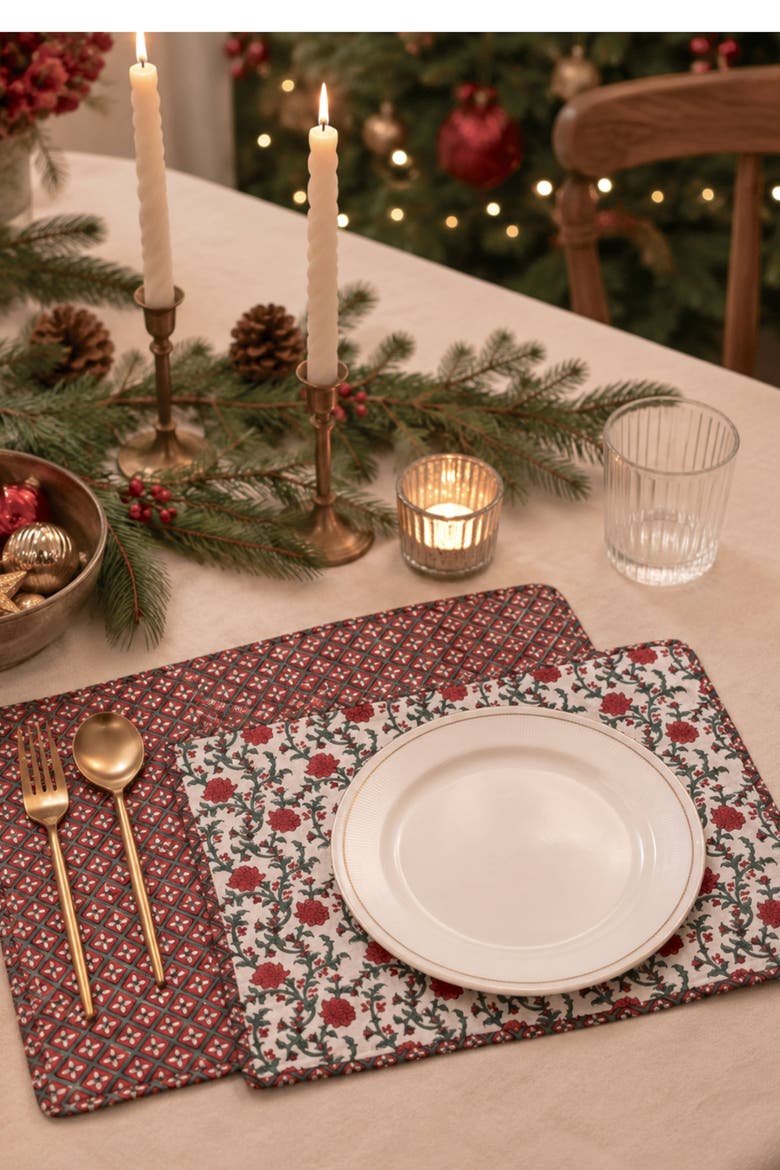 Holly & Berry Reversible Block Print Placemat Set of 2, Alternate, color, Crimson