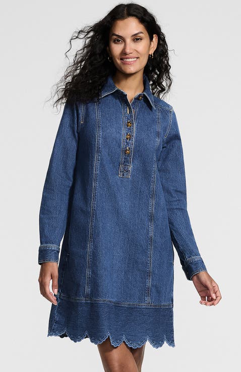 Soft Denim Eyelet Popover At The Knee Dress