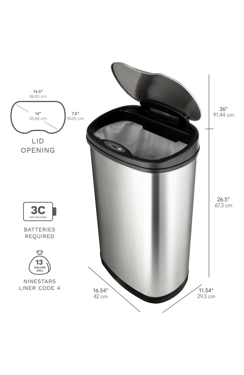 NINESTARS 13.2 Gallon Stainless Steel Motion Sensor Trash Can, Alternate, color,