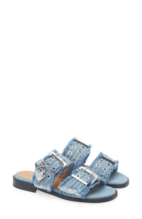 Ganni Lace Double-strap Mules Eyelet Detailing In Faded Denim