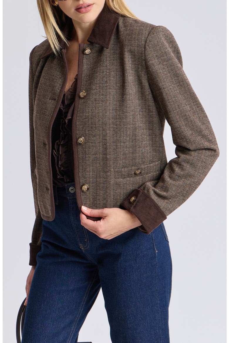 Herringbone Button Front Jacket with Corduroy Collar and Cuffs, Main, color, BROWN HERRINGBONE