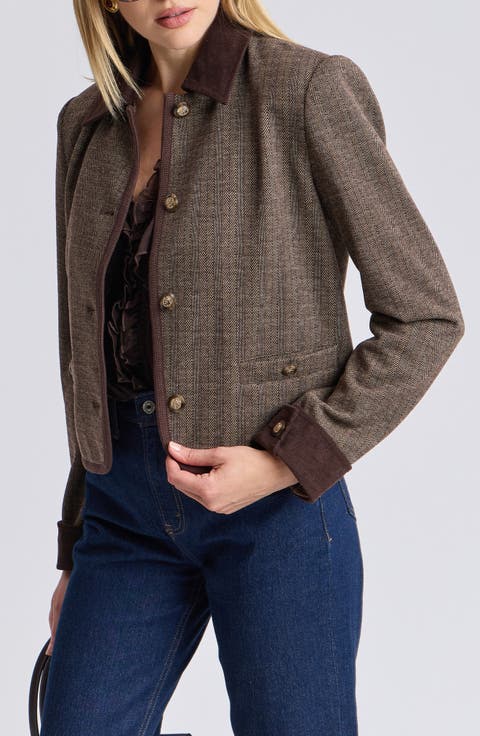 Herringbone Button Front Jacket with Corduroy Collar and Cuffs