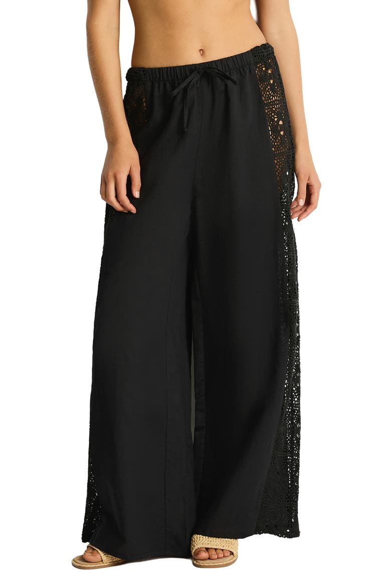 Lace Panel High Waist Wide Leg Beach Pants, Main, color, BLACK
