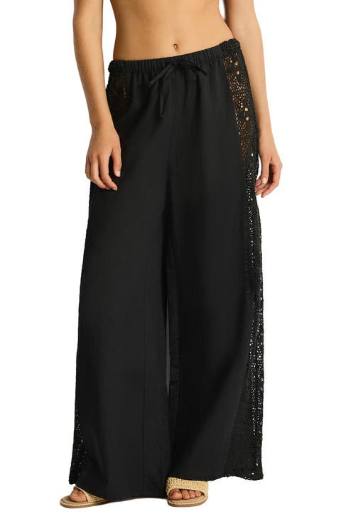 Lace Panel High Waist Wide Leg Beach Pants