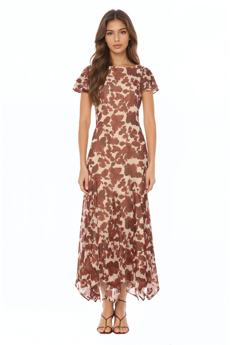Kaelith Ruffle Sleeve Midi Dress, Main, color, Red Floral