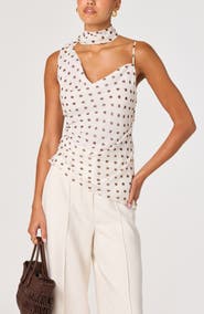ASTR the Label Adrie Polka Dot Asymmetric Scarf Neck Top