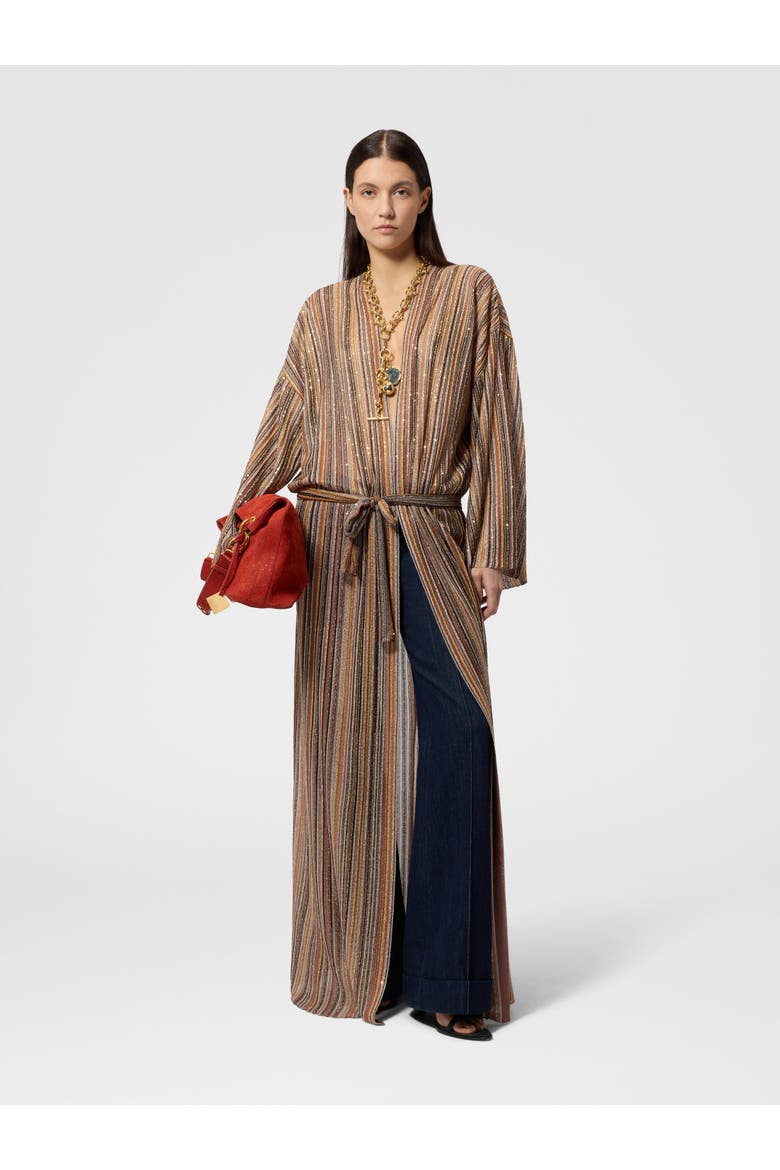 Long Cardigan In Ribbed Viscose Lamé With Belt, Alternate, color, Gold& Beige