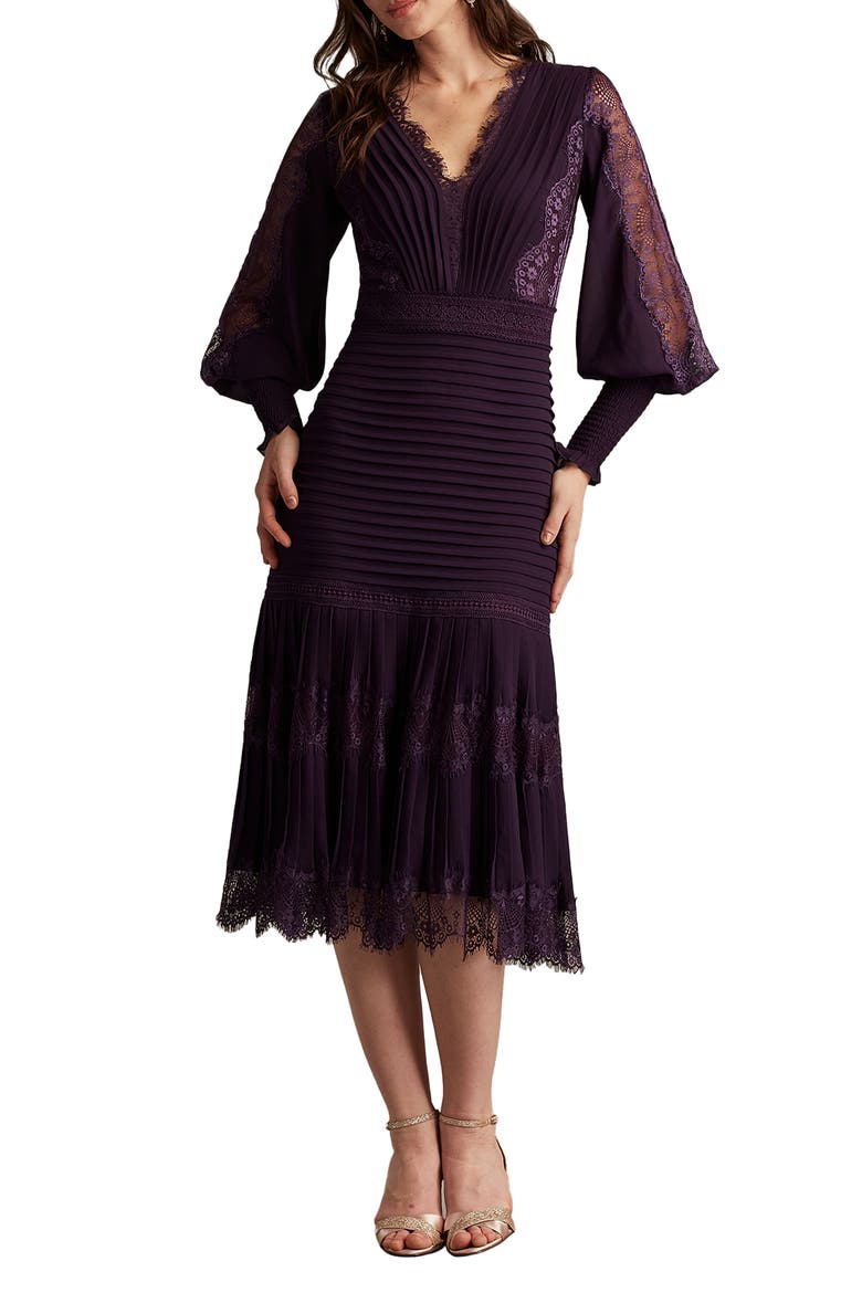 Lace Pintuck Long Sleeve Cocktail Dress, Main, color, EGGPLANT