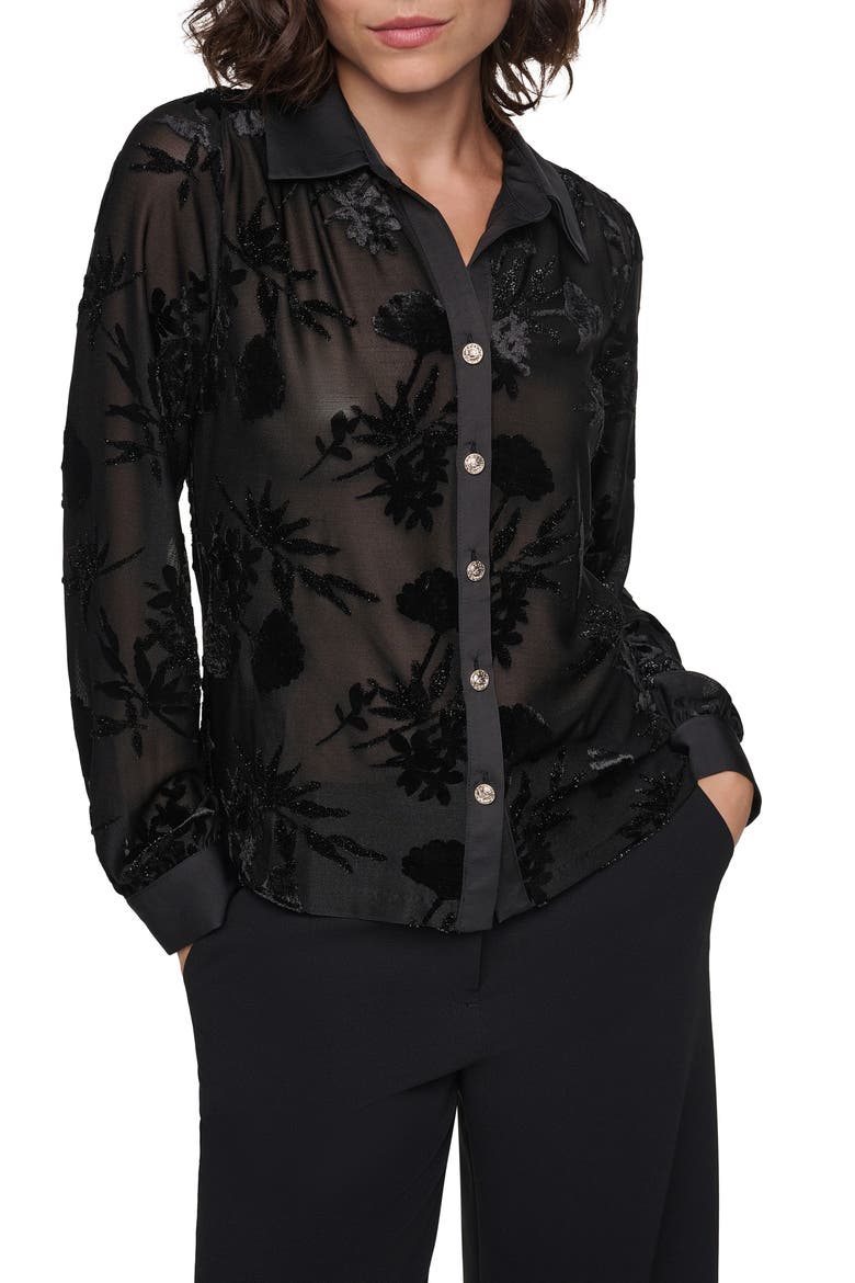 Burnout Velour Button-Up Top, Main, color, BLACK