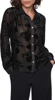 KARL LAGERFELD PARIS Burnout Velour Button-Up Top