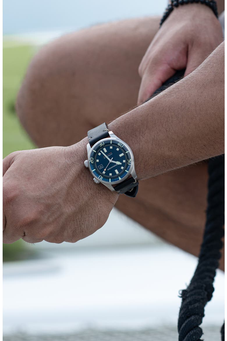 Bradner Automatic Leather Strap Watch, 42mm, Alternate, color, BLUE
