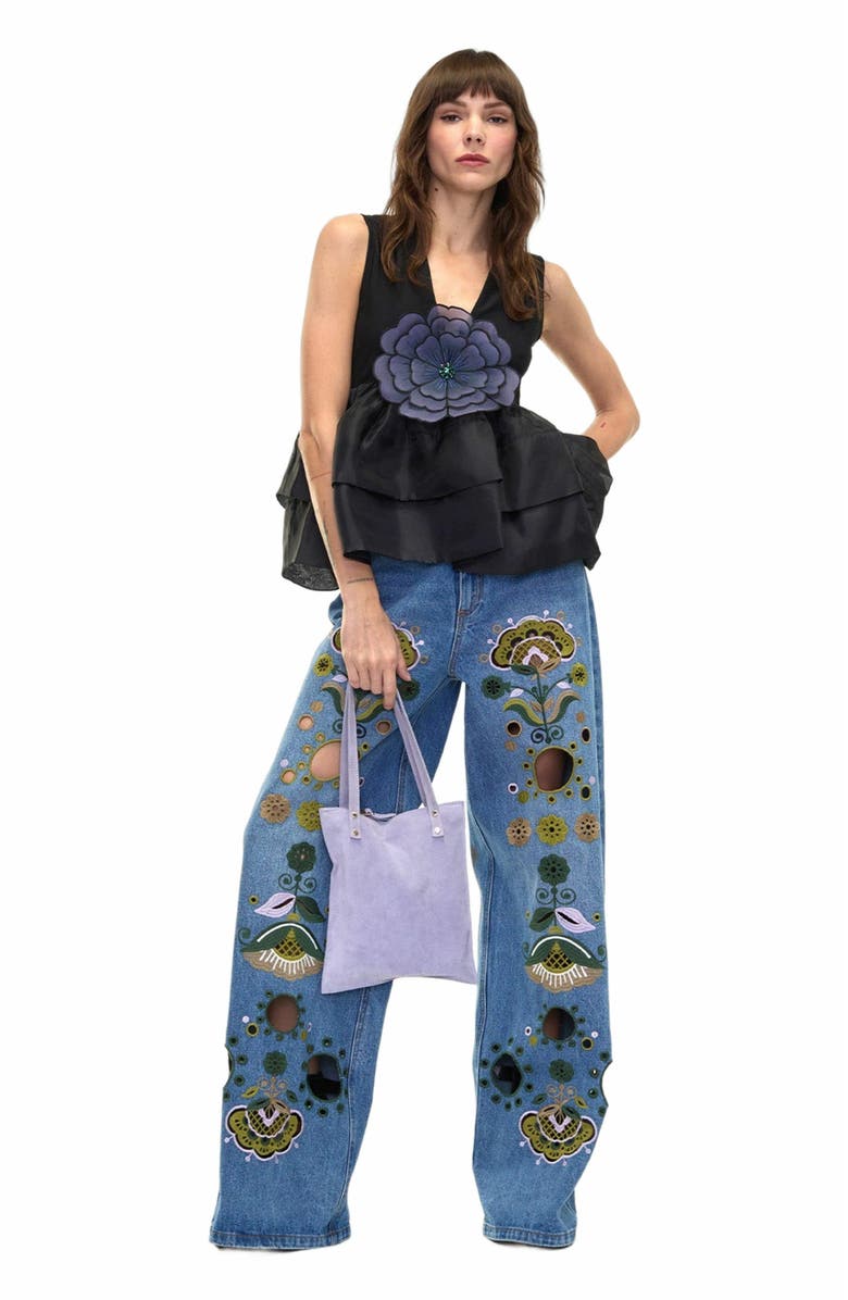 Cynthia Rowley Embroidered Wide-leg Jean, Alternate, color, Blue_multi