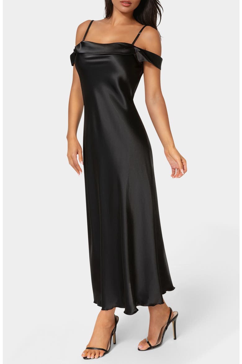 Drape Shoulder Satin Midi Dress, Alternate, color, BLACK
