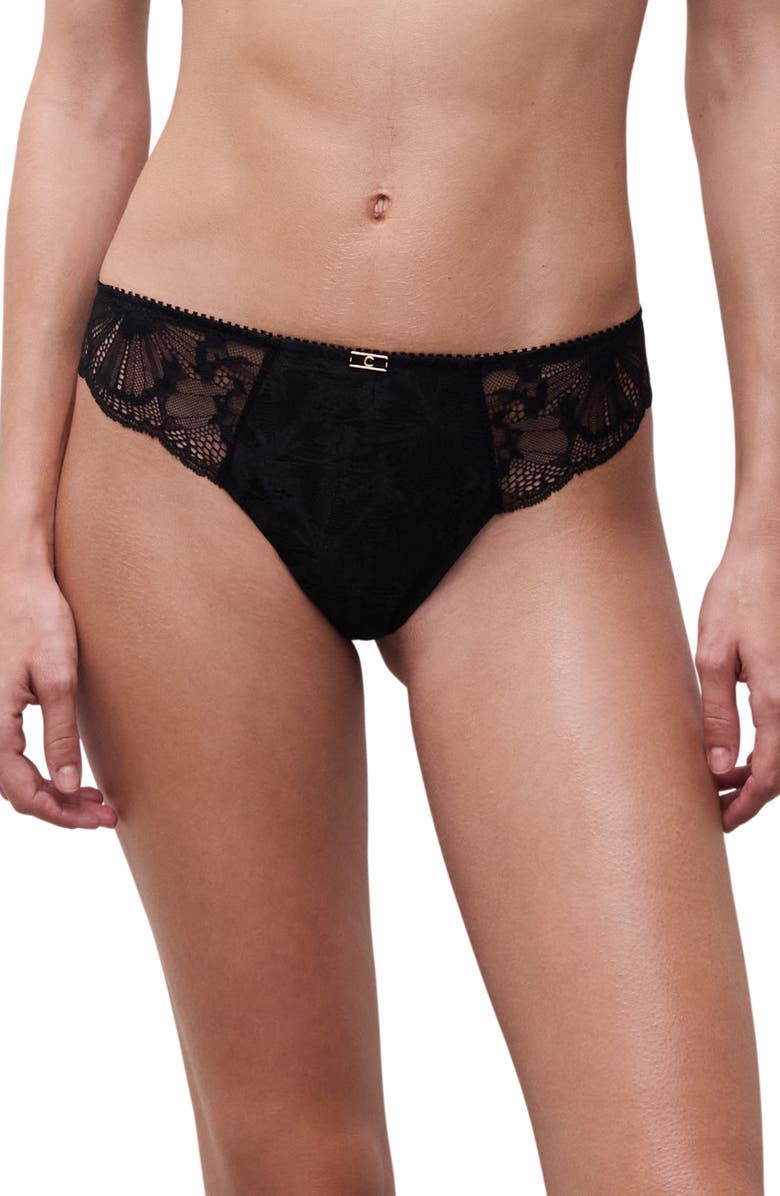 Chantelle Lingerie Muse Lace Trim Thong, Main, color, Black