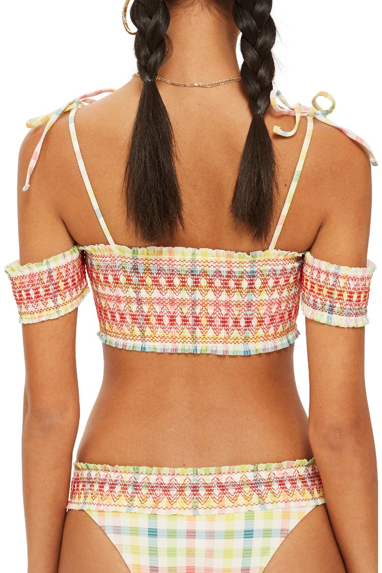 Check Bardot Bikini Top, Alternate, color, RED MULTI