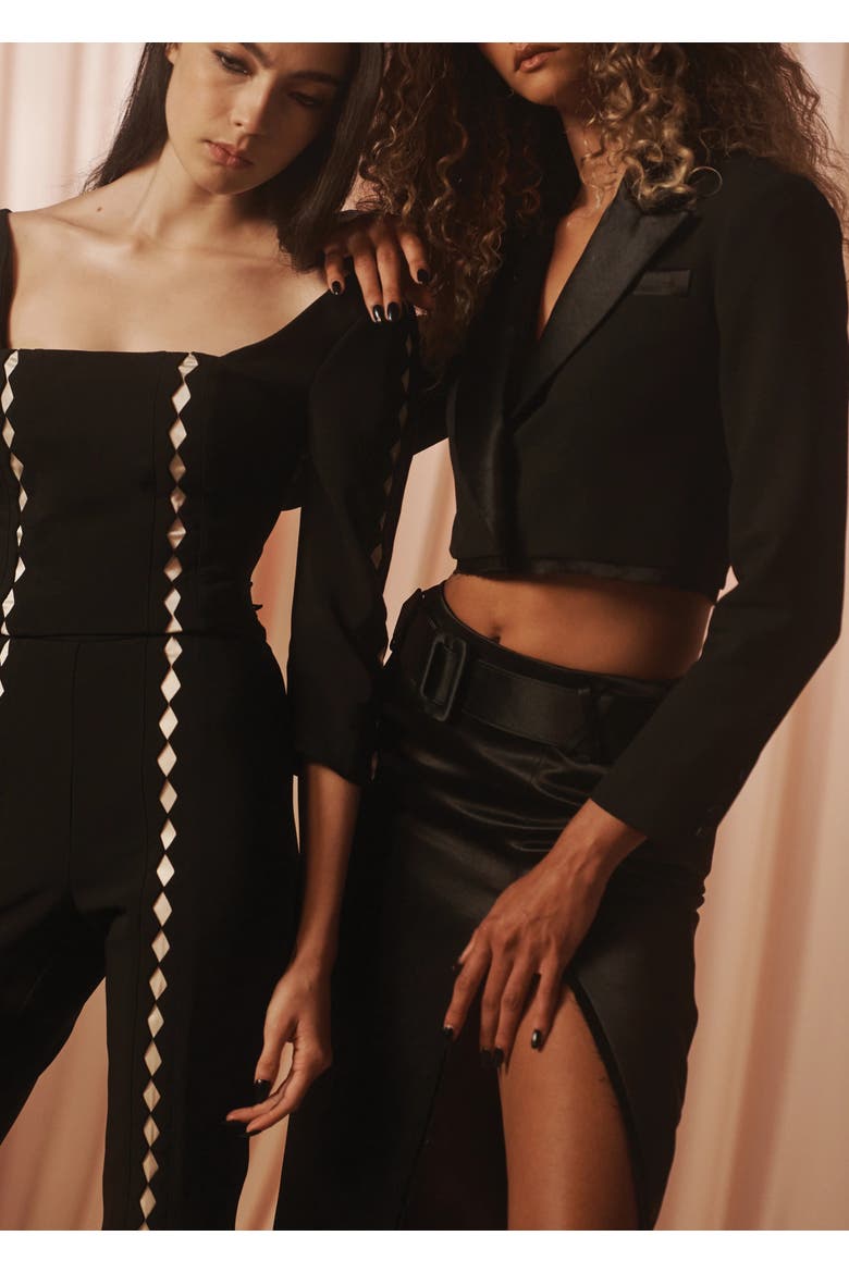 Morgaine Stretch Sateen Structured Refined Cropped Blazer, Alternate, color, Black