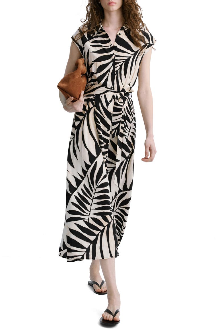 Leaf Print Midi Shirtdress, Main, color, BLACK