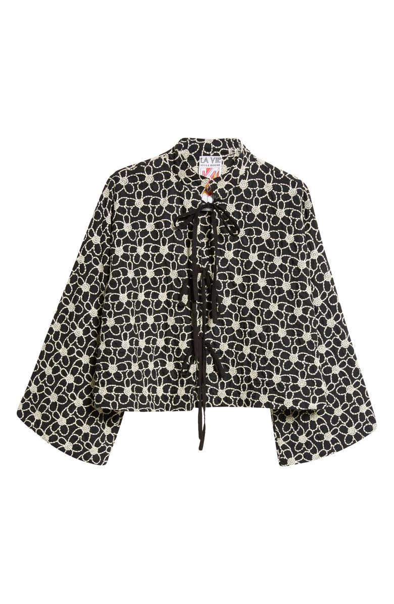 La Vie Style House Flower Embroidered Tie Front Crop Jacket, Alternate, color, 
