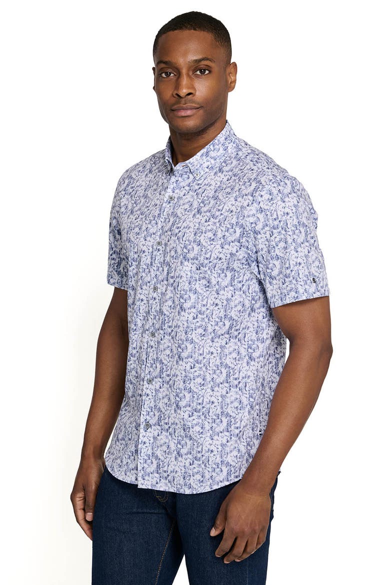 Sketched Foliage Short Sleeve Button Down Performance Shirt, Alternate, color, WHITE/BLUE
