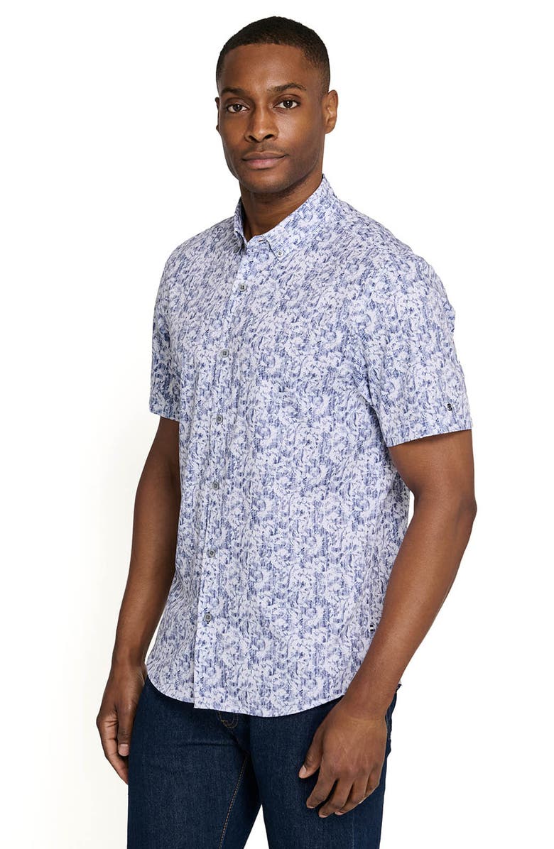 Brooklyn Brigade Sketched Foliage Short Sleeve Button Down Performance Shirt, Alternate, color, White/Blue
