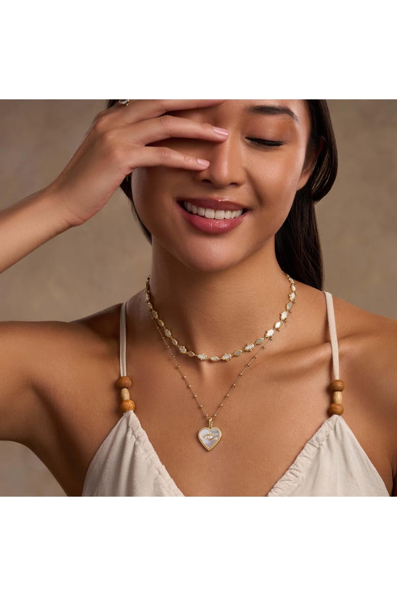 Lunar Alignment Rainbow Moonstone Hamsa & Evil Eye Gold Necklace, Alternate, color, Gold/White