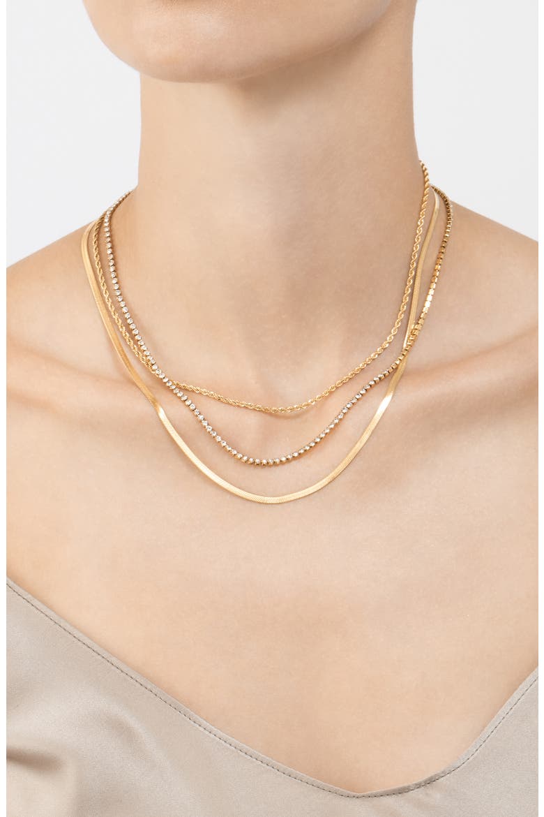 Water Resistant 14K Yellow Gold Plated Herringbone, Rope, & Tennis Chain Necklace Set, Alternate, color, YELLOW