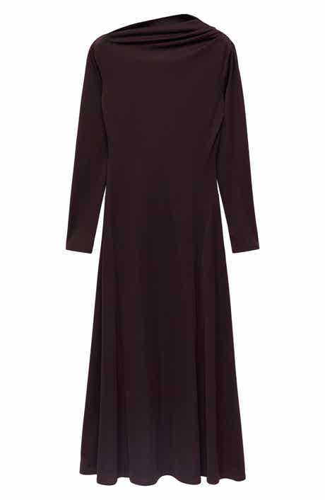 MANGO Asymmetric Neck Long Sleeve Midi Dress