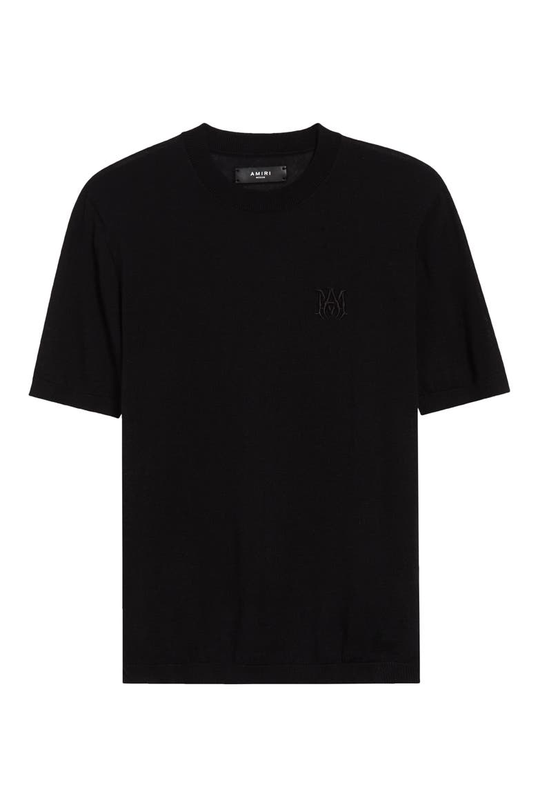 MA Monogram Embroidered Short Sleeve Wool & Silk Sweater, Alternate, color, BLACK