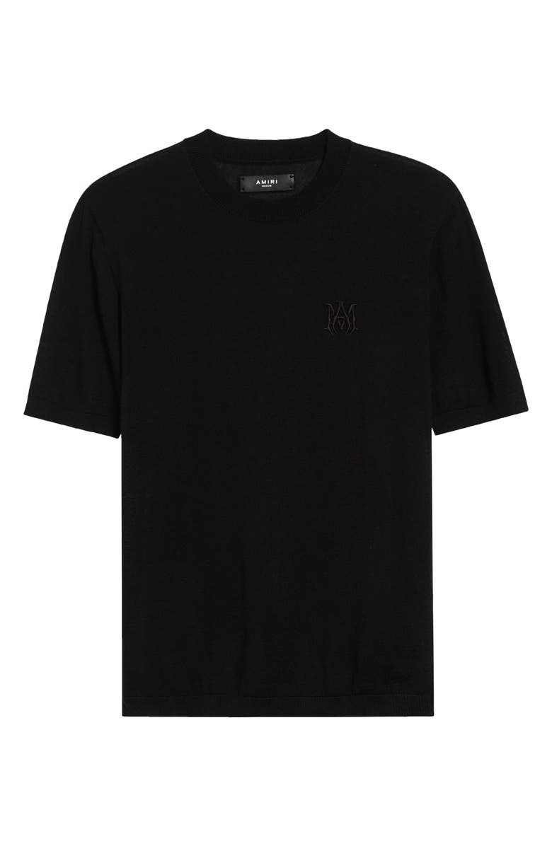 AMIRI MA Monogram Embroidered Short Sleeve Wool & Silk Sweater, Alternate, color, Black