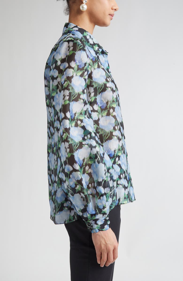 Carolina Herrera Peony Print Silk Organza Button-Up Shirt, Alternate, color, Blue Multi