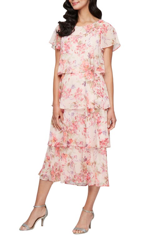 Shop Sl Fashions Tiered Floral Cocktail Midi Dress In Peach Multi