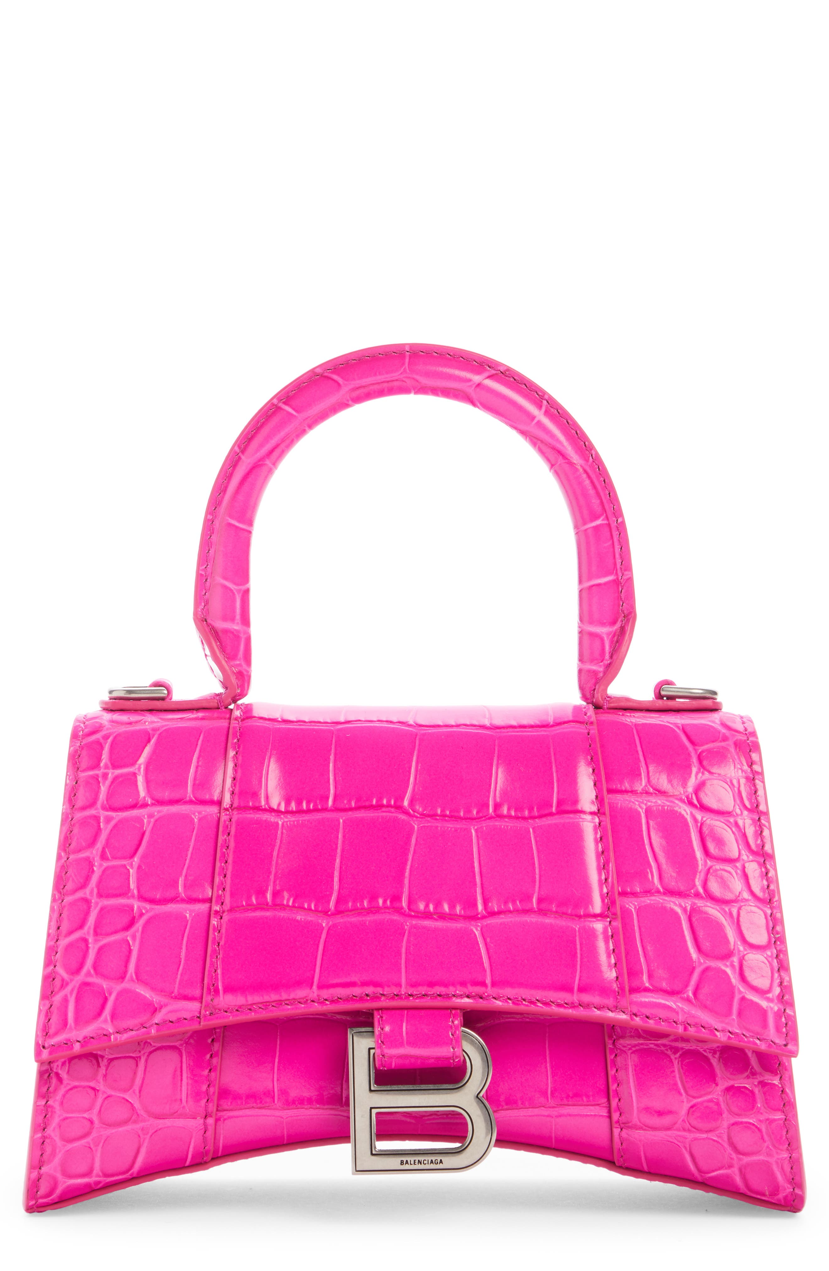 Extra Small Hourglass Croc Embossed Leather Top Handle Bag, Main, color, LIPSTICK PINK