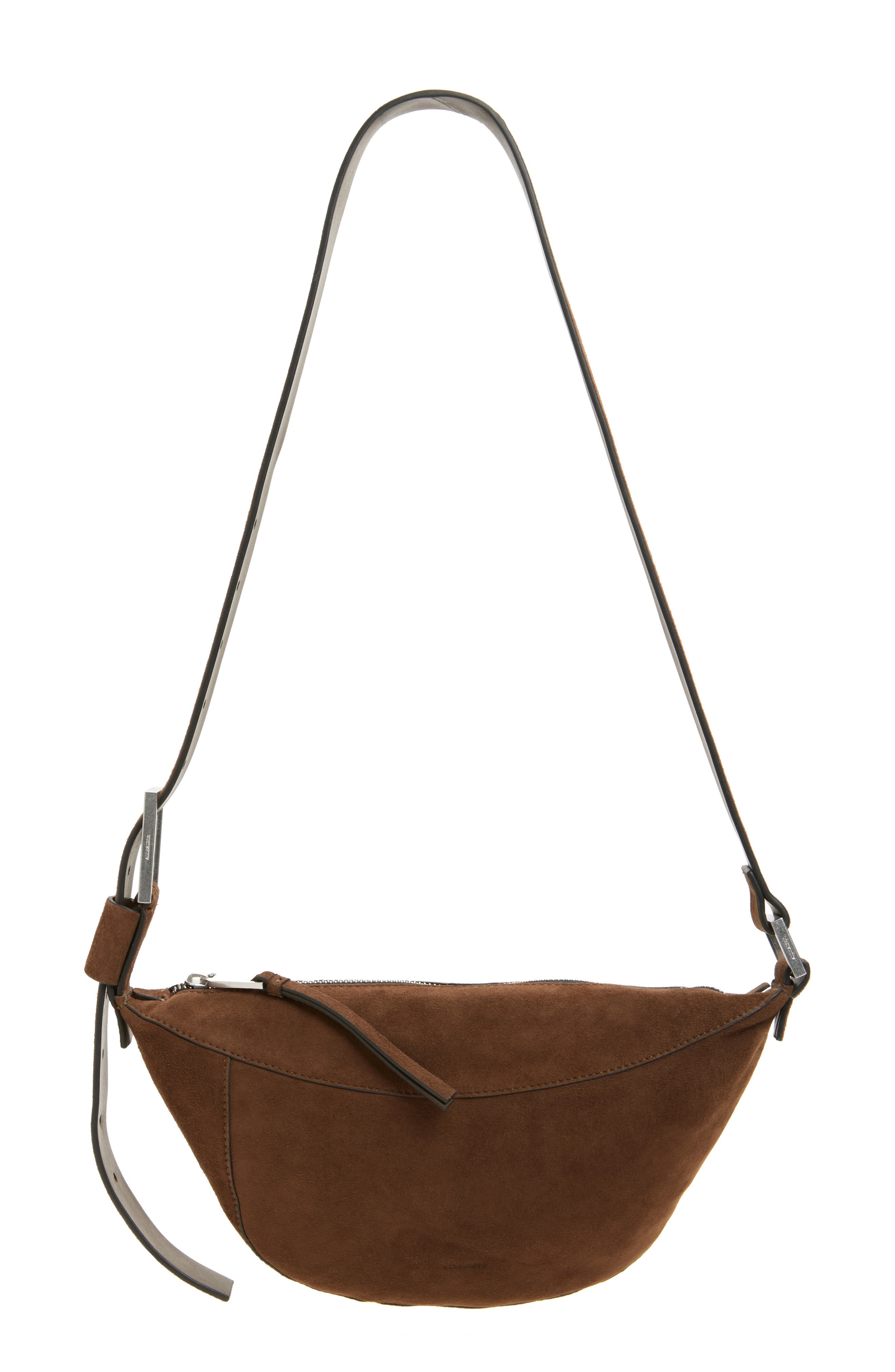 AllSaints Luna Suede Crossbody Bag, Main, color, Fango Brown