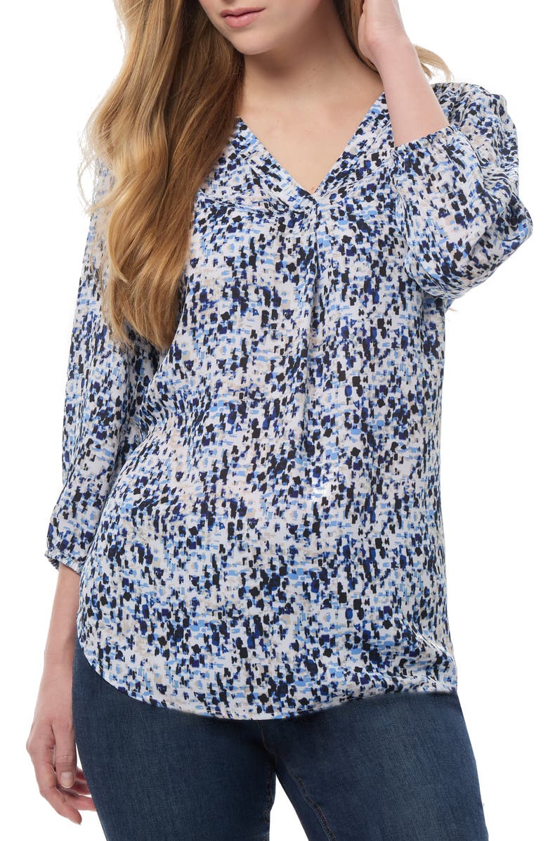 Jones New York Abstract Print Pleat V-Neck Top, Main, color,