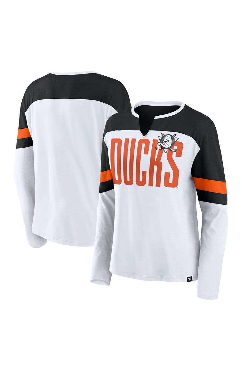 FANATICS Women's Fanatics White/Black Anaheim Ducks Frozen Long Sleeve Notch Neck T-Shirt, Main, color, White