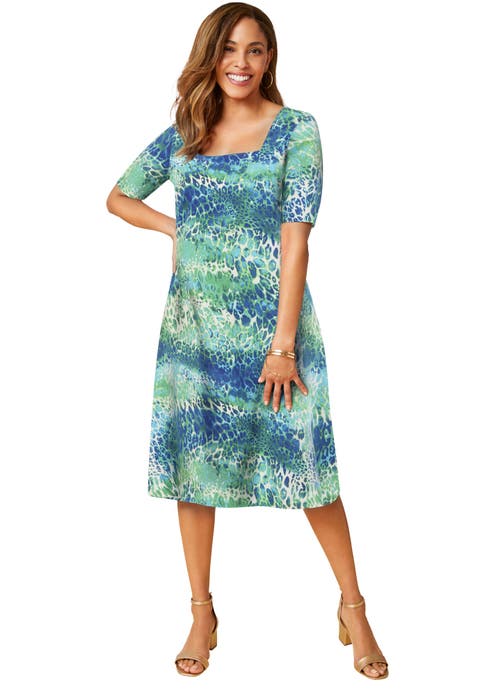 Stretch Cotton Square Neck Midi Dress (Plus)
